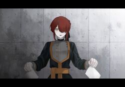  1girl black_jacket black_ribbon call_of_cthulhu chinese_commentary commentary_request grey_shirt hair_over_one_eye hair_ribbon harufubuki highres holding holding_paper jacket letterboxed long_sleeves mussolier_de_shengzhizhe open_mouth orange_trim original paper redhead ribbon shirt short_hair smile solo tearing_paper upper_body yellow_eyes 