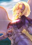  1girl absurdres armor banner blonde_hair blue_eyes braid breasts breasts_apart emoshon eyebrows_visible_through_hair fate/apocrypha fate_(series) highres long_hair looking_at_viewer open_mouth ruler_(fate/apocrypha) solo very_long_hair 