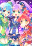  3girls :o absurdres ahoge badge baozi belt blue_eyes blue_hair blush bow braid chains dorothy_west eating fang fingerless_gloves food food_in_mouth food_on_face gloves green_eyes hair_bow hair_ornament hat highres idol long_hair looking_at_viewer manaka_lala mini_hat multiple_girls nekoto_rina open_mouth police police_hat police_uniform policewoman ponytail pripara purple_hair redhead salute shiratama_mikan short_hair shorts smile twintails uniform yellow_eyes 