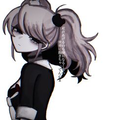  1girl bear_hair_ornament black_choker black_eyes bow breasts choker closed_mouth danganronpa:_trigger_happy_havoc danganronpa_(series) enoshima_junko from_side frown hair_ornament half-closed_eyes highres medium_breasts necktie red_bow sad shirt short_sleeves simple_background solo translation_request twintails u_donburi upper_body white_background white_necktie 