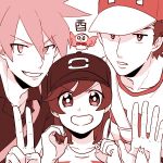  3boys bangs baseball_cap close-up hat male_focus male_protagonist_(pokemon_sm) monochrome multiple_boys new_year ookido_green ookido_green_(sm) open_collar otyaume_1910 pokemon pokemon_(creature) pokemon_(game) pokemon_sm raglan_sleeves red_(pokemon) red_(pokemon)_(sm) rowlet shirt short_hair simple_background smile spiky_hair striped striped_shirt swept_bangs t-shirt upper_body white_background 