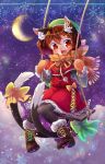  1girl animal_ears boots brown_hair capelet cat_ears chen dress earrings fang hair_ornament hairclip hat highres ibarashiro_natou jewelry moon pantyhose petticoat red_dress red_eyes ribbed_sweater ribbon scarf short_dress solo sweater swing tail tail_ribbon touhou winter_clothes 