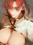  1girl bangs boudica_(fate/grand_order) breasts cleavage closed_mouth fate/grand_order fate_(series) green_eyes hair_between_eyes juliet_sleeves large_breasts long_sleeves looking_at_viewer nfj o-ring_top parted_bangs puffy_sleeves redhead short_hair solo tied_hair upper_body 