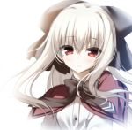  bangs black_bow blush bow brown_bow capelet cariboy closed_mouth copyright_request dress_shirt eyebrows_visible_through_hair hair_between_eyes hair_bow head_tilt long_hair red_capelet red_eyes shirt smile upper_body white_hair white_shirt 