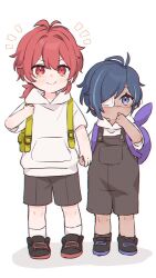  2boys aged_down antenna_hair backpack bag black_footwear blue_eyes blue_hair blush child closed_mouth commentary dark-skinned_male dark_skin diluc_(genshin_impact) eyepatch genshin_impact green_bag grey_overalls grey_shorts grey_socks hair_between_eyes hair_intakes hand_up holding_hands hood hood_down hoodie kaeya_(genshin_impact) long_hair looking_at_viewer low_ponytail male_focus medical_eyepatch multicolored_hair multiple_boys noma_(noma3g) notice_lines one_eye_covered overall_shorts overalls parted_bangs ponytail purple_bag red_eyes redhead shoes short_sleeves shorts sidelocks simple_background smile socks standing step-brothers step-siblings streaked_hair swept_bangs symbol-only_commentary v-shaped_eyebrows white_background white_hoodie white_socks 