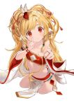  1girl :o animal_ears bandeau bare_shoulders blonde_hair collarbone cropped_legs flat_chest granblue_fantasy hair_ornament highres index_finger_raised koi_dance long_hair looking_at_viewer makira_(granblue_fantasy) midriff navel red_eyes shou_xun_bu_liang simple_background solo thigh-highs very_long_hair white_background wide_sleeves 