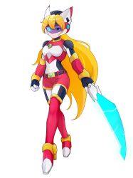  1girl absurdres alternate_costume alternate_hairstyle armor beam_saber belt blonde_hair blue_eyes bodystocking boots breasts chest_jewel ciel_(mega_man) commission commissioner_upload elbow_gloves energy_sword forehead_protector full_body gloves glowing glowing_eye helmet highres holding holding_weapon long_hair looking_at_viewer mechanical_ears mega_man_(series) mega_man_zero_(series) mega_man_zx model_z_(mega_man) non-web_source shorts small_breasts sword thigh_boots transparent_background uta_guipiy weapon 