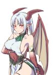  1girl blue_hair blush breasts dragon_girl dragon_horns dragon_tail dragon_wings earrings highres horns jewelry kiasa long_hair pointy_ears red_eyes scales sideboob simple_background slit_pupils solo tail wings 