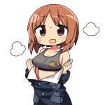  1girl blush boko_(girls_und_panzer) breath brown_eyes brown_hair eyebrows_visible_through_hair girls_und_panzer heavy_breathing kanikama lowres military military_uniform nishizumi_miho open_mouth short_hair simple_background smile solo tank_top uniform white_background 