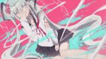  1girl blood bloody_tears doll hands_on_own_face hatsune_miku here_mia393 miniskirt pale_face pale_skin school_uniform serafuku skirt solo torn_clothes twintails vocaloid 