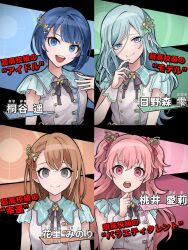  4girls :d absurdres airabi blue_eyes blue_hair bob_cut brown_hair character_name closed_mouth curly_hair danganronpa_(series) dot_nose grey_eyes hanasato_minori hand_up highres hinomori_shizuku idol idol_clothes kiritani_haruka light_blush long_hair medium_hair mole mole_under_mouth momoi_airi more_more_jump!_(project_sekai) multiple_girls open_mouth parody pink_eyes pink_hair project_sekai short_hair smile stitched straight-on translation_request two_side_up upper_body 