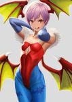  1girl animal_print arms_up bangs bat_print bat_wings blue_gloves breasts commentary_request covered_navel demon_girl elbow_gloves gloves grin head_wings highres leotard lilith_aensland looking_at_viewer open_mouth pantyhose pink_eyes print_legwear purple_hair red_leotard short_hair small_breasts smile solo standing teeth vampire_(game) wings yamaneko_(tkdrumsco) 