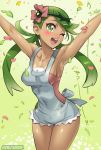  1girl ;d apron armpits arms_up artist_name bangs bare_shoulders blush breasts cleavage collarbone covered_navel cropped_legs dark_skin flower flower_on_head green_eyes green_hair hair_ornament happy mallow_(pokemon) medium_breasts one_eye_closed open_mouth petals pink_shirt pokemon pokemon_(game) pokemon_sm ribbon shirt sideboob sleeveless sleeveless_shirt smile solo swept_bangs text thighs trial_captain twintails 