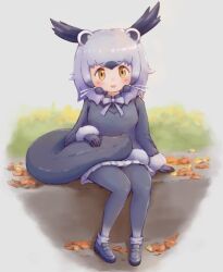  1girl animal_ears binturong_(kemono_friends) bow bowtie brown_eyes cardigan extra_ears full_body gloves highres kemono_friends leaf long_hair looking_at_viewer outdoors pantyhose purple_hair shoes simple_background sitting skirt solo tail zzz_ansh 