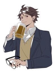  1boy absurdres ahoge alcohol alternate_costume arm_up beer blue_coat blush brown_eyes brown_hair closed_mouth coat collared_shirt cropped_torso cup glasses haikyuu!! highres holding holding_cup holding_removed_eyewear iyo039 lapels layered_clothes layered_sleeves long_sleeves male_focus oikawa_tooru_(haikyuu!!) shirt short_hair simple_background smile unworn_eyewear upper_body vest white_background white_shirt wing_collar yellow_vest 