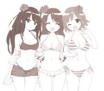  3girls :d ;d ^_^ bikini breasts cleavage closed_eyes cowboy_shot flower hair_flower hair_ornament halter_top halterneck hibiscus holding_arm honda_mio idolmaster idolmaster_cinderella_girls long_hair looking_at_viewer medium_breasts monochrome multiple_girls navel off_shoulder one_eye_closed one_side_up open_clothes open_fly open_mouth open_shirt peko polka_dot polka_dot_swimsuit shibuya_rin shimamura_uzuki shirt short_hair short_shorts shorts side-by-side side-tie_bikini smile string_bikini striped striped_bikini swimsuit thigh_gap unzipped 