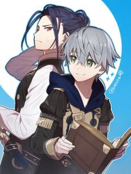  2boys arm_up ashe_ubert belt black_belt black_jacket black_pants blue_hair blue_hood book chest_belt closed_mouth commentary dark_blue_hair drawstring felix_hugo_fraldarius fire_emblem fire_emblem:_three_houses garreg_mach_monastery_uniform gold_sleeve_cuffs green_eyes grey_hair hair_between_eyes hair_bun highres holding holding_book hood hood_down jacket juliet_sleeves juria0801 long_sleeves looking_at_another male_focus multiple_boys open_book orange_eyes pants puffy_sleeves shirt short_hair single_hair_bun sleeve_cuffs smile sparkle studded_belt sweat sweatdrop sword tassel twitter_username undershirt upper_body weapon white_shirt yellow_belt 