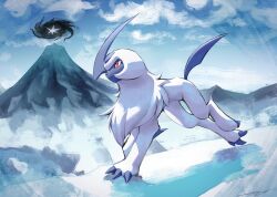  absol bright_pupils claws closed_mouth clouds commentary day highres likey mountain no_humans outdoors pokemon pokemon_(creature) red_eyes running signature sky solo white_fur white_pupils 