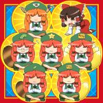  6+girls :3 all_fours animal_ears bakedanuki_(touhou) bow braid brown_eyes brown_hair closed_eyes cosplay crossed_arms detached_sleeves dress fox_ears fox_tail freckles futatsuiwa_mamizou glasses hair_bow hair_tubes hakurei_reimu hat hong_meiling hong_meiling_(cosplay) horns ibuki_suika indian_style leaf multiple_girls multiple_tails open_mouth orange_hair raccoon_ears raccoon_tail redhead shirosato sitting sleeping sleeping_upright sweat tail touhou translation_request twin_braids yakumo_ran youkai_fox_(wild_and_horned_hermit) zzz 