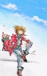  1boy 203wolves black_shirt blue_pants blue_sky brown_eyes brown_hair cat closed_mouth clouds duel_academy_uniform_(yu-gi-oh!_gx) hair_between_eyes highres holding holding_paper jacket long_sleeves male_focus open_clothes open_jacket pants paper pharaoh_(cat) red_footwear red_jacket shirt shoes short_hair signature sky smile yu-gi-oh! yu-gi-oh!_gx yuki_judai 