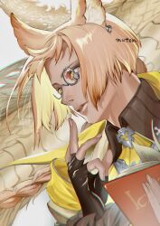  1boy ascot asymmetrical_eyewear blonde_hair book dragon erune fingerless_gloves gloves granblue_fantasy heterochromatic_eyewear highres long_braid lu_woh_(granblue_fantasy) mutton_(mutton0141) solo tinted_eyewear yellow_ascot 