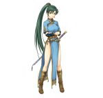  1girl bare_legs breasts crossed_arms dress fire_emblem fire_emblem_heroes green_eyes green_hair highres lyndis_(fire_emblem) medium_breasts official_art sword weapon 