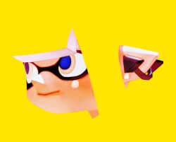  1girl blonde_hair blue_pupils closed_mouth earpiece highres inkling inkling_girl inkling_player_character ouoxz0t881876 pointy_ears simple_background smile solo splatoon_(series) tentacle_hair upper_body yellow_background yellow_eyes 