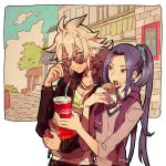  2boys assassin_(fate/stay_night) blue_eyes dark_skin fate/apocrypha fate/grand_order fate/stay_night fate_(series) food hamburger long_hair male_focus miyoshi_(m-mallow) multiple_boys open_mouth ponytail saber_of_black sunglasses white_hair 