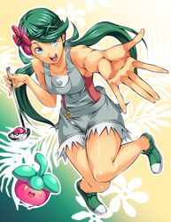  1girl apron armpits artist_request bangs bare_shoulders blue_eyes bounsweet breasts collarbone dark_skin flower flower_on_head full_body green_hair hair_flower hair_ornament happy holding kamura_poke ladle legs mallow_(pokemon) open_mouth pink_shirt poke_ball pokemon pokemon_(game) pokemon_sm reaching_out shirt shoes sleeveless sleeveless_shirt solo swept_bangs teeth thighs twintails 