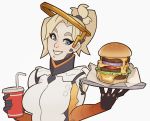  1girl black_gloves blonde_hair blue_eyes bodysuit breasts cheese cup drinking_straw emblem food gloves grin hamburger high_ponytail highres holding looking_at_viewer mechanical_halo medium_breasts mercy_(overwatch) no_wings onion overwatch plate simple_background smile solo splashbrush tomato upper_body white_background 