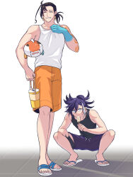  2boys amehigejz arm_tattoo banzoin_hakka beard_stubble black_hair black_tank_top blue_eyes carrying earrings english_commentary facial_hair food food_in_mouth full_body gradient_skin hair_between_eyes highres holding holding_food holding_popsicle holostars holostars_english jewelry josuiji_shinri koipanion_(josuiji_shinri) long_hair male_focus medium_hair multicolored_hair multiple_boys muscular muscular_male ponytail popsicle popsicle_in_mouth purple_hair sandals shorts smile squatting standing streaked_hair stubble tank_top tassel tassel_earrings tattoo tile_floor tiles virtual_youtuber white_background white_hair white_tank_top 