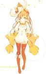  1girl animal_ears blonde_hair bow breasts covered_mouth detached_sleeves dress full_body hair_ornament hands_up large_bow looking_at_viewer lpip medium_breasts one_side_up orange_legwear original petals ribbon side_ponytail simple_background solo standing thigh-highs white_background white_dress yellow_bow yellow_eyes yellow_ribbon 