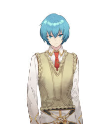  1boy absurdres atelier_(series) belt blue_eyes blue_hair brown_vest closed_mouth collared_shirt expressionless hair_between_eyes highres long_sleeves looking_at_viewer male_focus mana_khemia_2 necktie nelke_to_densetsu_no_renkinjutsushi_tachi noco_(adamas) official_art red_necktie rozeluxe_meitzen shirt short_hair simple_background solo vest white_background white_shirt 