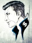  1boy adam&#039;s_apple black_hair dollar_sign face facial_mark from_side highres hikitsu_juusou ink_(medium) jojo_no_kimyou_na_bouken male_focus mixed_media neck nijimura_okuyasu pompadour profile signature solo traditional_media 