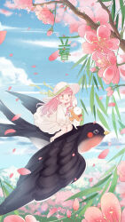  animal artist_request bare_legs bird blue_sky blunt_bangs blush_stickers bow bowtie brown_eyes bud capelet cat cherry_blossoms chinese_commentary chinese_text clothed_animal clouds commentary_request day dress ear_covers falling_petals floating_clothes flower green_bow hand_on_headwear hat hat_bow highres hood hood_up hooded_capelet leaf light_particles long_dress long_hair long_sleeves looking_ahead mini_person minigirl momo_(nikki) nikki_(nikki) nikki_(series) official_art open_mouth outdoors petals pink_flower pink_hair puffy_long_sleeves puffy_sleeves red_bow red_bowtie riding riding_animal second-party_source shining_nikki shoes sitting sky smile spring_(season) sun_hat swallow_(bird) translation_request undersized_animal very_long_hair white_cat white_dress white_footwear white_hat yellow_capelet 