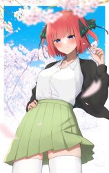  1girl :3 black_cardigan blue_eyes blue_sky blunt_bangs blurry blush border cardigan cherry_blossoms closed_mouth collared_shirt commentary_request cowboy_shot day depth_of_field dress_shirt falling_petals go-toubun_no_hanayome green_skirt hand_on_own_hip hand_up happy highres kakato_0 long_sleeves looking_at_viewer miniskirt nakano_nino open_cardigan open_clothes outdoors outside_border petals pleated_skirt redhead school_uniform shirt short_hair skirt sky smile solo split_mouth spring_(season) straight_hair thigh-highs two_side_up white_border white_shirt white_thighhighs zettai_ryouiki 