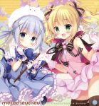  2girls :d absurdres animal animal_on_head black_legwear black_ribbon blonde_hair blue_bow blue_dress blue_eyes blue_hair bow bowtie bunny_on_head capelet dress eyebrows_visible_through_hair gloves gochuumon_wa_usagi_desu_ka? green_eyes hair_bow highres hisama_kumako holding huge_filesize kafuu_chino kirima_sharo layered_skirt long_hair looking_at_viewer magical_girl multiple_girls neck_ribbon on_head open_mouth parted_lips pink_ribbon pink_shirt rabbit ribbon shirt skirt sleeveless sleeveless_shirt smile striped striped_bow striped_ribbon thigh-highs tippy_(gochiusa) twintails white_gloves white_skirt zettai_ryouiki 