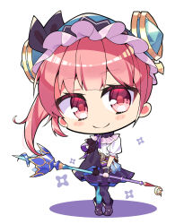  1girl applepie_1201 atelier_(series) atelier_lydie_&amp;_suelle boots chibi closed_mouth frilled_hairband frills full_body hairband highres holding holding_staff long_hair looking_at_viewer lydie_malen pink_eyes pink_hair purple_footwear purple_skirt shirt side_ponytail simple_background skirt smile solo staff standing white_background white_shirt 