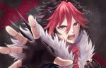  1boy animal_ears black_hair crow_(show_by_rock!!) fangs fingerless_gloves gloves highres male_focus multicolored_hair nail_polish red_eyes redhead show_by_rock!! two-tone_hair 