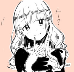  1girl collarbone eyelashes fingernails greyscale_with_colored_background head_tilt long_hair long_sleeves looking_at_viewer pink_background pop&#039;n_music sanae-chan sgwyi smile solo translation_request upper_body 