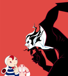  1girl 2boys amp_(cool_cool_toon) aqua_outline beard black_bodysuit black_hair black_sclera blue_collar blue_shirt bodysuit broad_shoulders bug_print center_opening child clenched_teeth closed_mouth collar collarbone collared_shirt colored_sclera colored_skin concept_art cool_cool_toon dot_nose facial_hair grey_outline gyoubu_ippei hat index_finger_raised jpeg_artifacts king_(cool_cool_toon) looking_at_another multicolored_hair multiple_boys muscular muscular_male official_art open_hands open_mouth outline pink_outline pointy_ears print_headwear rabbit red_background red_eyes red_outline redhead shirt short_hair simple_background snk solo streaked_hair striped_clothes striped_shirt striped_sleeves teeth upper_body white_hair white_hat white_shirt white_skin yellow_eyes yusa_(cool_cool_toon) 