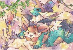  blue_fur bow claws crown delcatty fang gem hat multicolored_background pink_fur pokemon pokemon_(creature) rai_(rai_kw) red_eyes red_gemstone samurott top_hat yellow_fur 