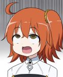  1girl ahegao ahoge commentary_request cowboy_shot eyebrows_visible_through_hair fate/grand_order fate_(series) fujimaru_ritsuka_(female) masara open_mouth orange_hair rolling_eyes scrunchie short_hair side_ponytail solo upper_body yellow_eyes 