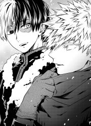  2boys adjusting_scarf bakugou_katsuki black_hair boku_no_hero_academia earrings fur-trimmed_jacket fur_trim gloves greyscale hair_between_eyes heterochromia highres ikuhashi_muiko jacket jewelry looking_at_another male_focus monochrome multicolored_hair multiple_boys multiple_earrings parted_lips scar scar_on_face scarf screentones smile todoroki_shouto two-tone_hair upper_body white_hair 