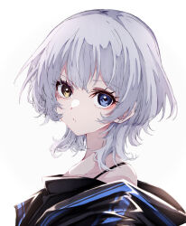  1girl absurdres bang_dream! bang_dream!_it&#039;s_mygo!!!!! black_jacket black_shirt blue_eyes bra_strap closed_mouth collarbone commentary_request hair_between_eyes heterochromia highres jacket kaname_raana looking_at_viewer nuruponnu off_shoulder partial_commentary portrait shirt sidelocks simple_background solo white_background white_hair wolf_cut yellow_eyes 