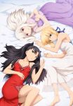  3girls artoria_pendragon_(all) barefoot bed_sheet black_bow black_hair blonde_hair blue_eyes blue_ribbon bow breasts cleavage collarbone dress fate/stay_night fate_(series) feet from_above green_eyes hair_bow hair_ribbon highres illyasviel_von_einzbern long_hair looking_at_viewer lying medium_breasts multiple_girls official_art on_back on_side parted_lips purple_dress red_dress red_eyes ribbon saber scan short_hair_with_long_locks sideboob sidelocks silver_hair sleeveless sleeveless_dress tohsaka_rin two_side_up white_dress 