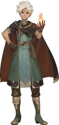  1boy absurdres boey_(fire_emblem) boots brown_eyes cape dark_skin dark_skinned_male fire fire_emblem fire_emblem_echoes fire_emblem_echoes:_mou_hitori_no_eiyuuou full_body gloves hidari_(left_side) highres male_focus official_art solo tiara transparent_background white_hair 