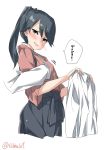  1girl bangs black_eyes black_hair blush collared_shirt cowboy_shot ebifurya eyebrows_visible_through_hair groping hair_between_eyes hakama hand_under_clothes heart highres holding holding_clothes holding_shirt houshou_(kantai_collection) japanese_clothes kantai_collection kimono long_hair looking_to_the_side motion_lines open_mouth ponytail red_kimono shirt simple_background solo_focus speech_bubble spoken_heart tasuki translation_request twitter_username white_background white_shirt 