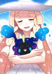  1girl 2017 :d ^_^ absurdres artist_name bangs bare_arms bare_shoulders blonde_hair blunt_bangs blush braid character_name closed_eyes collarbone collared_dress cosmog dated dress eyebrows_visible_through_hair floral_background hat highres legendary_pokemon light_particles lillie_(pokemon) long_hair open_mouth outline pokemon pokemon_(game) pokemon_sm qb sleeveless sleeveless_dress smile sparkle sun_hat sundress teeth text tongue twin_braids upper_body white_dress white_hat 