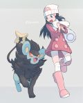  1girl :d bag beanie black_hair blue_eyes blue_hair blush boots buttons character_name dress full_body grey_background hair_ornament hat highres hikari_(pokemon) long_hair long_sleeves luxray open_mouth pink_boots pokemon pokemon_(creature) pokemon_(game) pokemon_dppt red_dress scarf simple_background smile solo thigh-highs white_legwear winter_clothes 